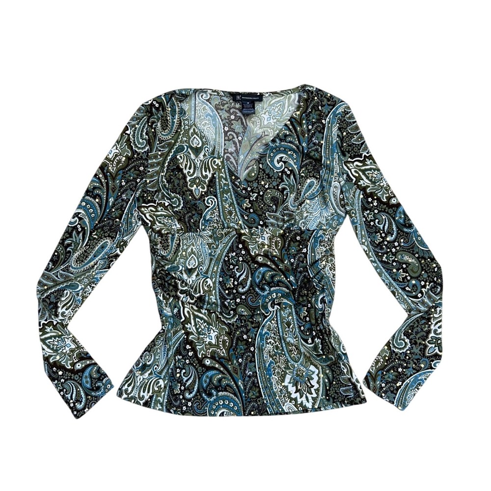 Vintage Boho Paisley Sequin‎ Long Sleeve Wrap Top M y2k fairycore